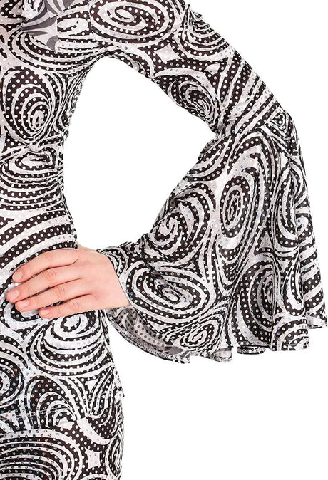 Close-up of black and white swirl pattern bell sleeve from 70s disco costume for women by Womens Fancy Dress