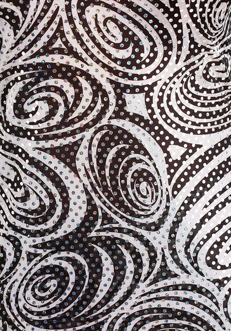 Close-up of shiny black and silver swirl pattern on 70s disco costume for women by Womens Fancy Dress