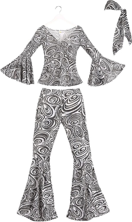 Womens Fancy Dress 70s disco costume for women with black and white swirl patterned bell sleeve top and flared pants