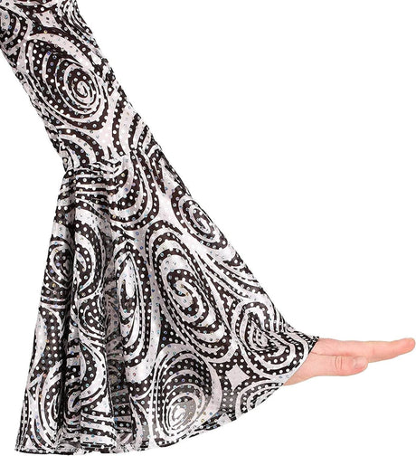 Black and white swirl patterned bell sleeve detail of 70s disco costume for women by Womens Fancy Dress