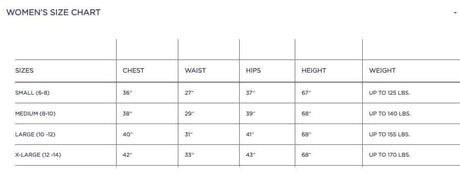 Womens Fancy Dress size chart showing measurements for chest waist hips height and weight for 70s disco costume for women