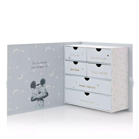Disney baby keepsake box with multiple drawers featuring Mickey Mouse design and soft pastel colors