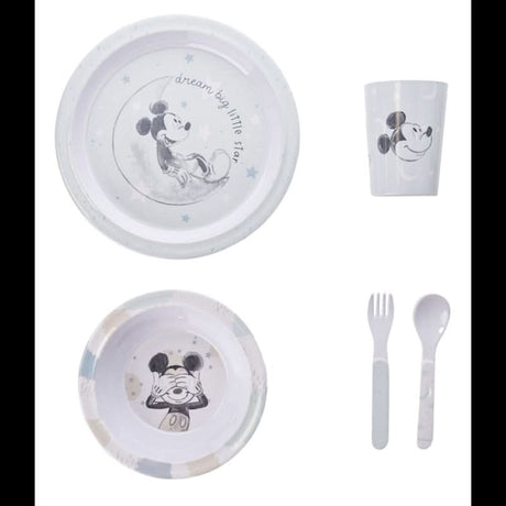 Disney Mickey Mouse baby feeding set with plate, bowl, cup, fork, and spoon featuring Mickey Mouse designs