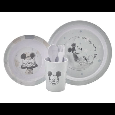 Disney Mickey Mouse baby feeding set with plates, cup, fork, and spoon featuring gray and white design