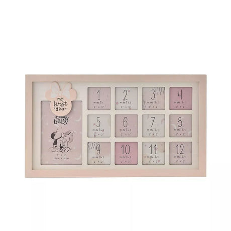 Disney Minnie first year photo frame with 12 monthly slots and pastel pink design from CLICKK Home Store