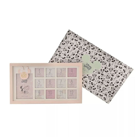 Disney Minnie first year photo frame with monthly milestone slots and pink border from CLICKK Home Store
