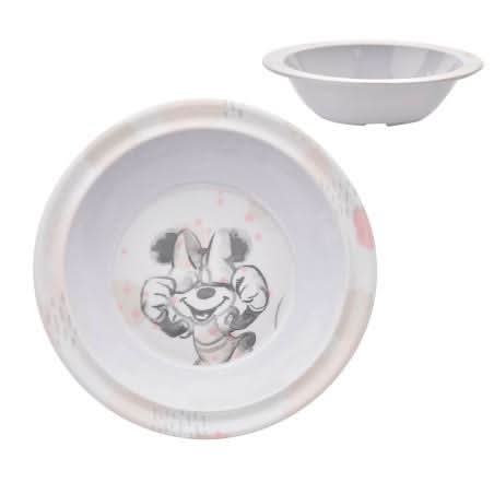 Disney Minnie Mouse baby feeding set featuring a white bowl with Minnie Mouse illustration at the center