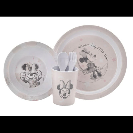 Disney Minnie Mouse baby feeding set with plate, bowl, cup, spoon, and fork in soft pastel colors