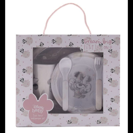 Disney Minnie Mouse baby feeding set with plate, fork, spoon, and cup in decorative packaging