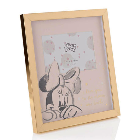 Gold Minnie Mouse baby photo frame with Disney baby design and pink background from CLICKK Home Store