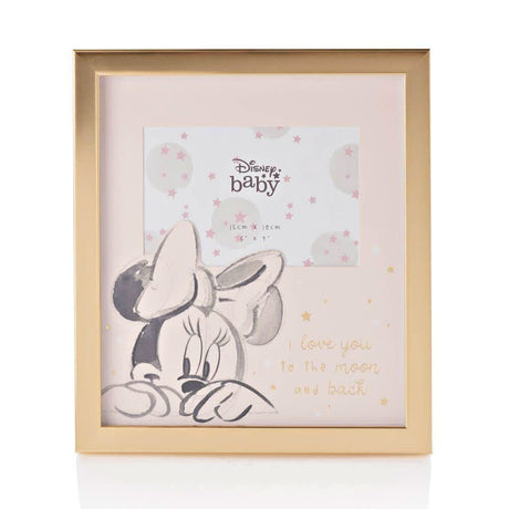 Minnie Mouse baby photo frame with gold border featuring Disney baby design and love you to the moon and back text