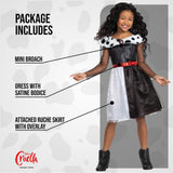Girl wearing Disney Villain Cruella costume with mini broach, satine bodice dress and ruche skirt overlay