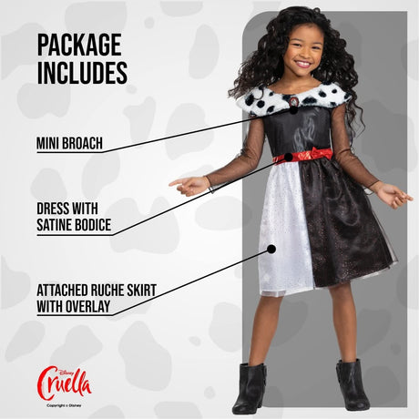 Girl wearing Disney Villain Cruella costume with mini broach, satine bodice dress and ruche skirt overlay