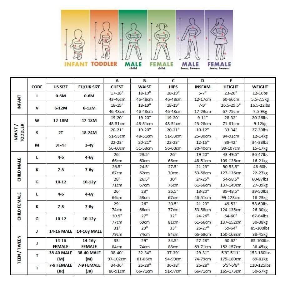 Size chart for Disney Villain Cruella costume showing measurements for infant, toddler, child, and teen sizes