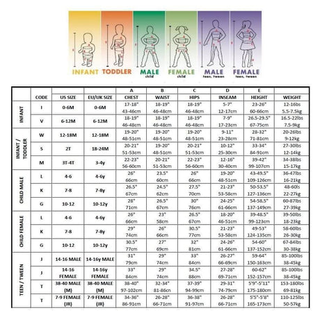 Size chart for Disney Villain Cruella costume showing measurements for infant, toddler, child, and teen sizes