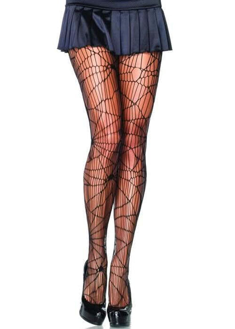 Womens Fancy Dress distressed fishnet tights black with large web pattern worn with black skirt and heels