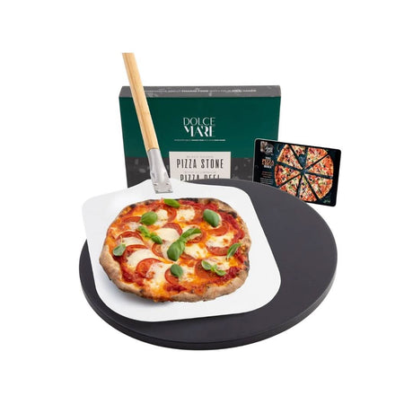 CLICKK Home Store black pizza stone for oven with wooden-handled pizza peel and freshly baked pizza
