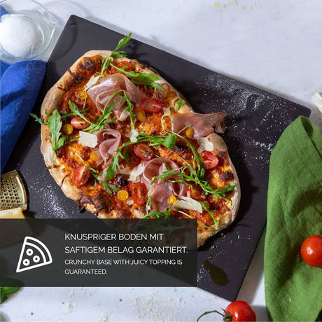 Rectangular pizza stone for oven with freshly baked pizza topped with arugula and cherry tomatoes