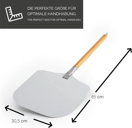 Rectangular pizza stone for oven with wooden handle measuring 30.5 by 85 centimeters for optimal handling