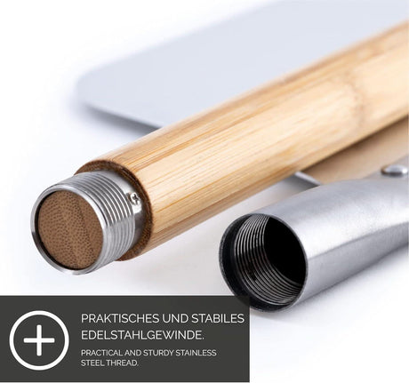 Close-up of durable wooden handle with practical stainless steel thread for rectangular pizza stone for oven