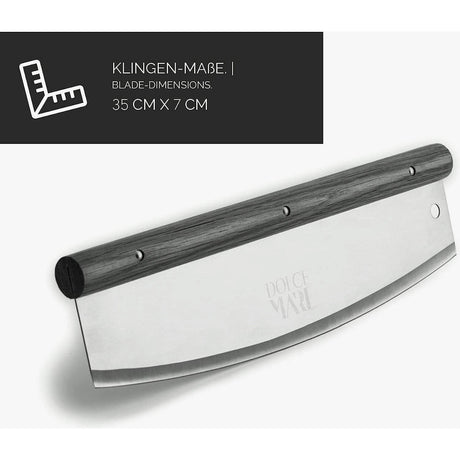 Dolce Mare stainless steel pizza cutter with a wooden handle for easy slicing and serving