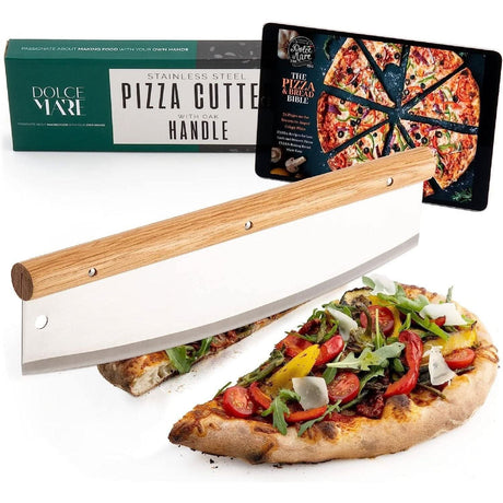 Dolce Mare stainless steel pizza cutter with oak handle cutting a delicious pizza topped with fresh ingredients