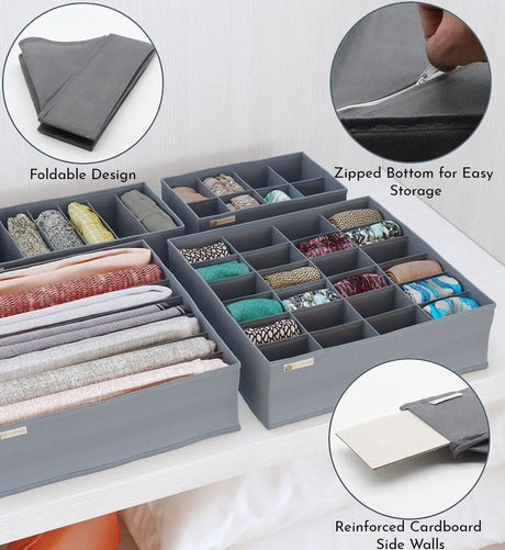 Foldable drawer organizer set in gray with multiple compartments for clothes and accessories