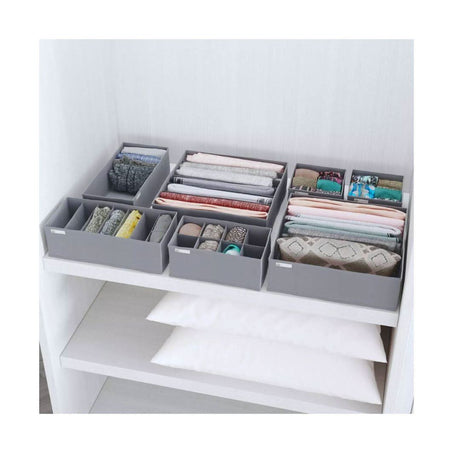 CLICKK Home Store gray foldable drawer organizer set neatly holding clothes and accessories in a closet shelf