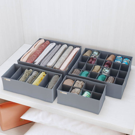 CLICKK Home Store foldable drawer organizer set in gray fabric with multiple compartments for clothes and accessories