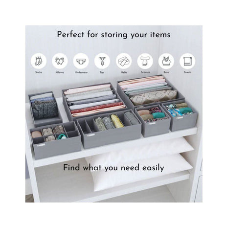 CLICKK Home Store gray foldable drawer organizer set neatly storing socks, gloves, underwear, ties, belts, scarves, bras, and towels