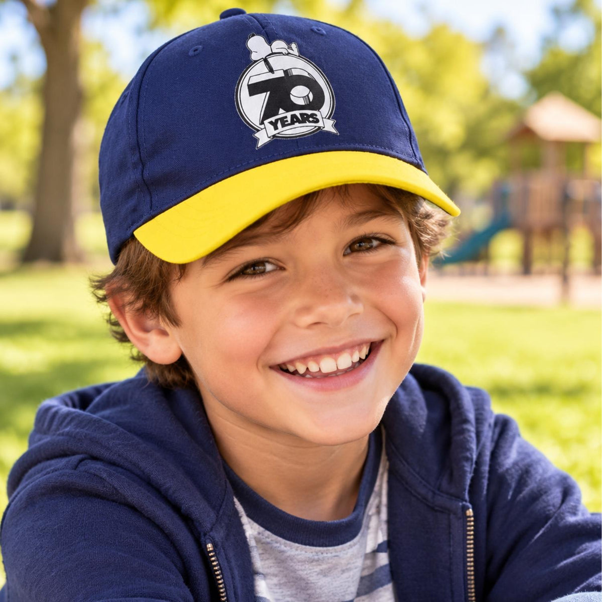 Peanuts Snoopy 70 Years Logo Baseball Cap Navy and Yellow