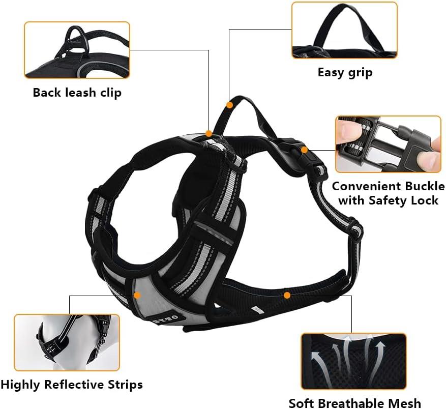 BYTO No Pull Dog Harness Set Reflective Strips 5ft Dog Lead Large Black
