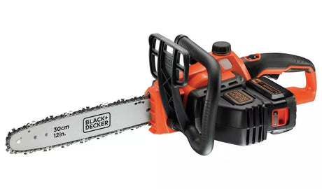 Black and Decker cordless chainsaw with 12 inch blade and ergonomic handle for easy cutting