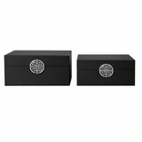 Black Wooden Storage Boxes with Silver Geometric Motif Set of 2
