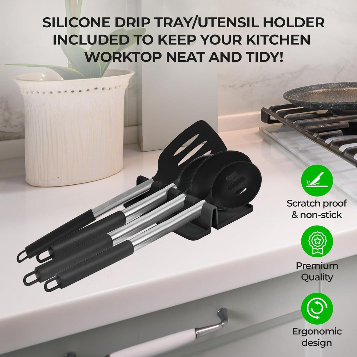 8 Piece Silicone Kitchen Utensil Set with Storage Bucket Black