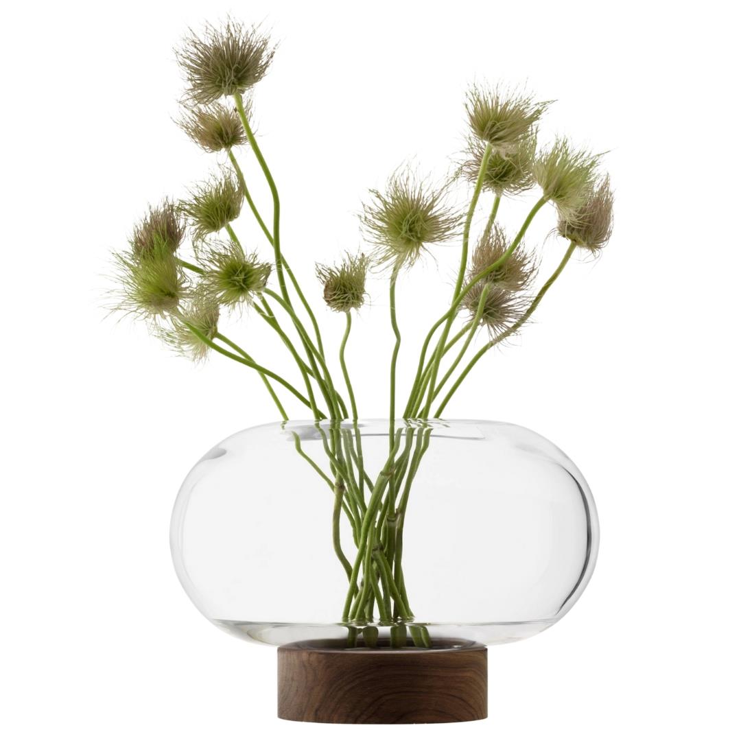 LSA Oblate Glass Vase Lantern 19.5cm with Walnut Base Clear