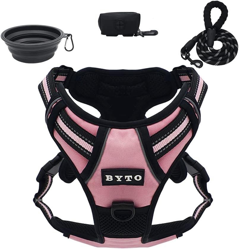 BYTO No Pull Duty Harness Set Reflective Strips 5ft Dog Lead Large Pink