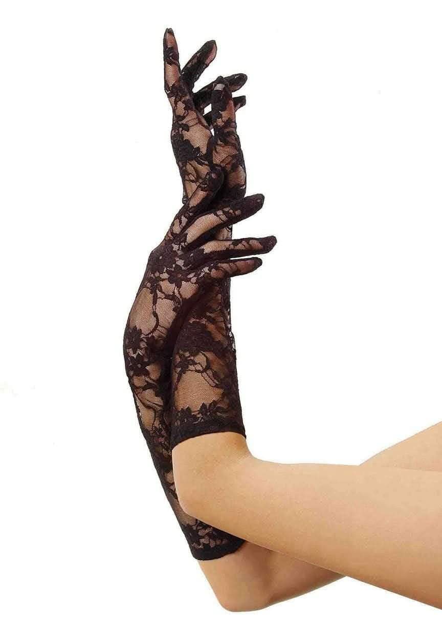 Black elegant lace gloves from Womens Fancy Dress with floral pattern covering forearms and hands