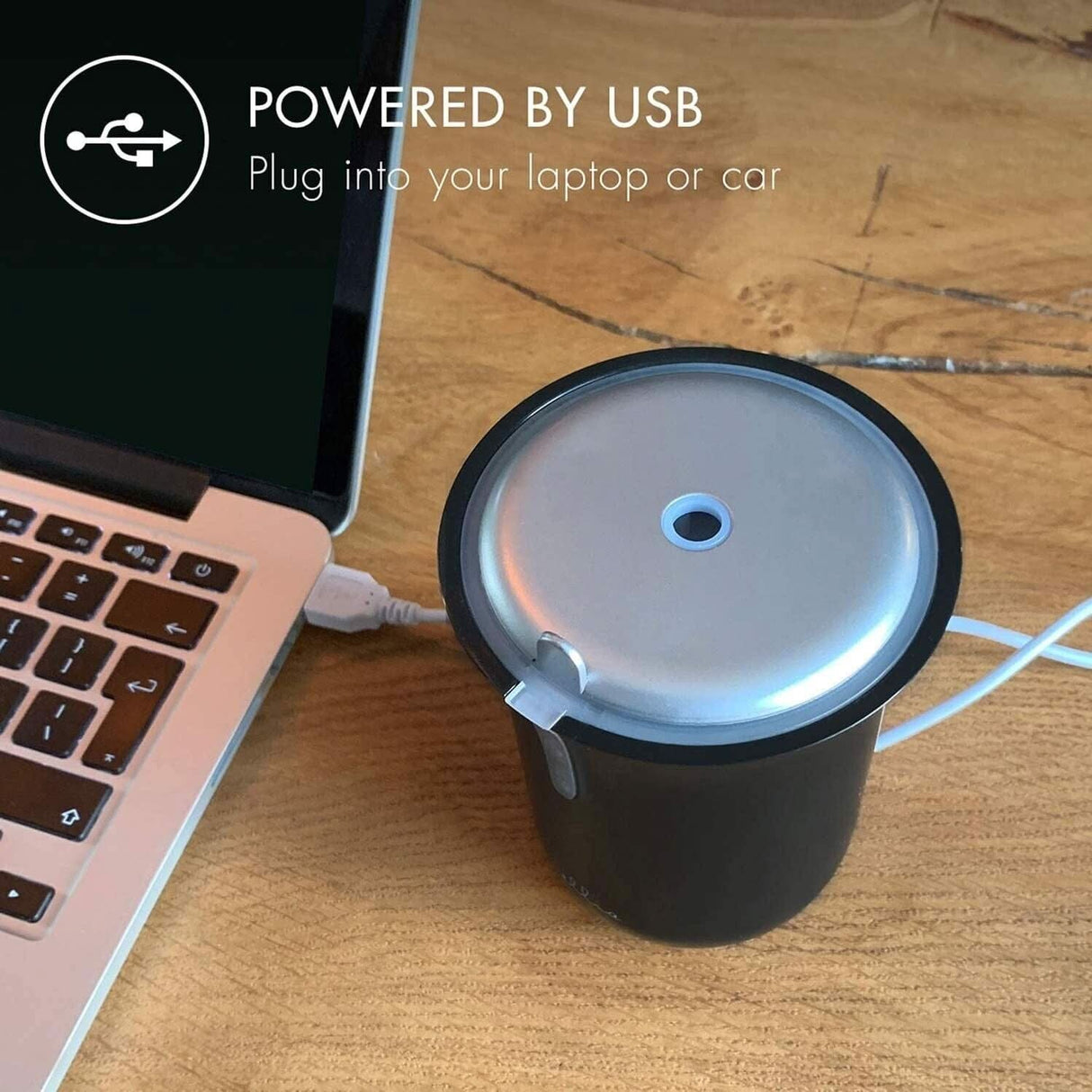 Homedics portable car aroma diffuser easily connects via USB for on-the-go fragrance