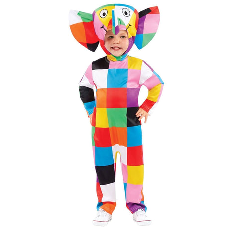 Toddler wearing colorful Elmer the Elephant costume toddler with patchwork design and large elephant ears