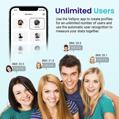 Smart Bluetooth Fitness Scale app showing multiple user profiles and BMI stats for unlimited users