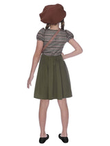 Back view of girl wearing evacuee girl costume 6-8 years with brown beret and green skirt