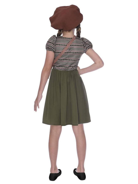 Back view of girl wearing evacuee girl costume 6-8 years with brown beret and green skirt