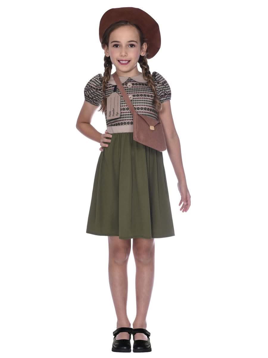 Girl wearing evacuee girl costume 6-8 years with brown hat, patterned top, green skirt, and brown bag