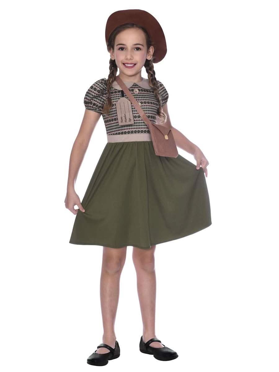 Girl wearing kids fancy dress evacuee girl costume 6-8 years with brown beret and crossbody bag