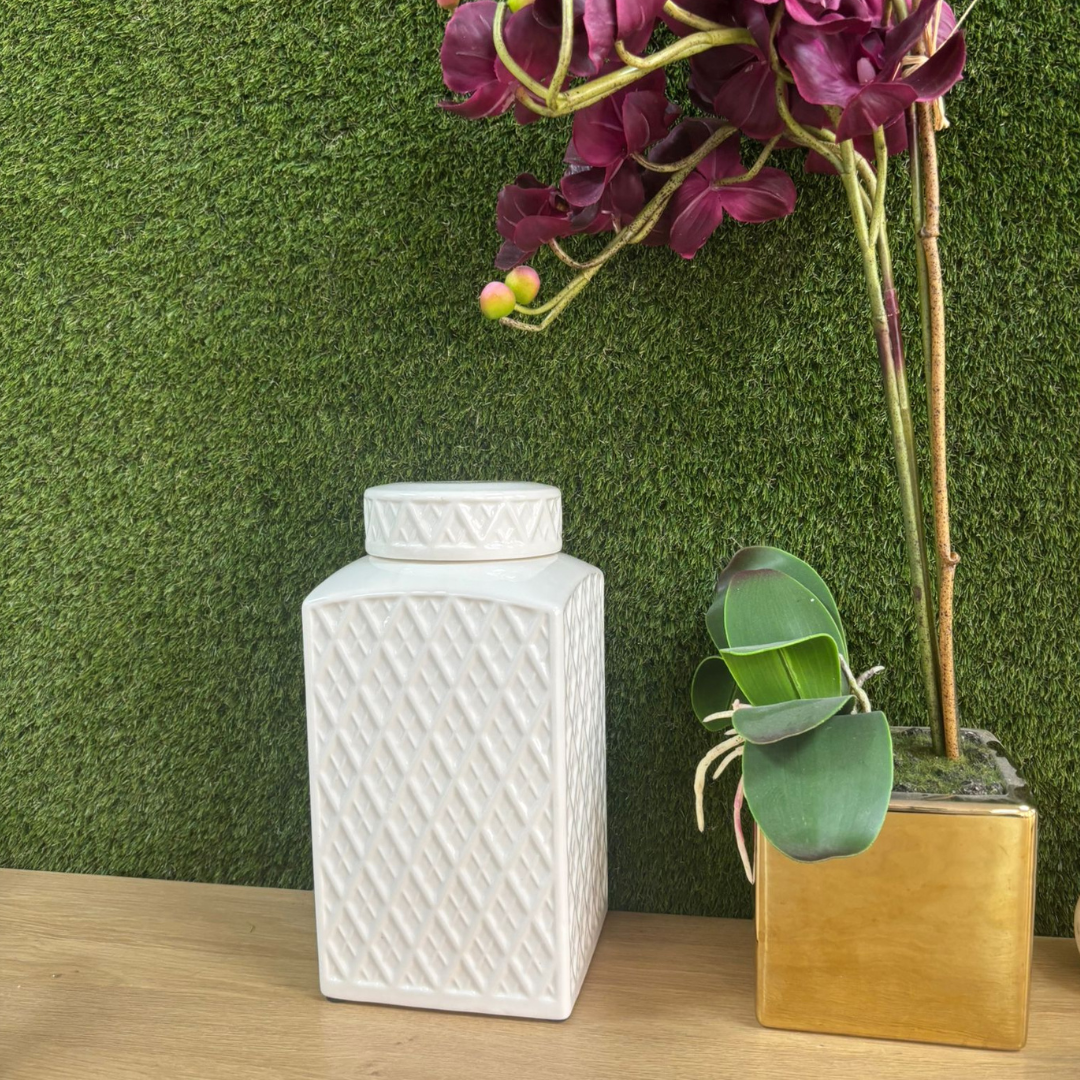 Embossed Diamond Glossy Ceramic Lidded Jar H29cm White