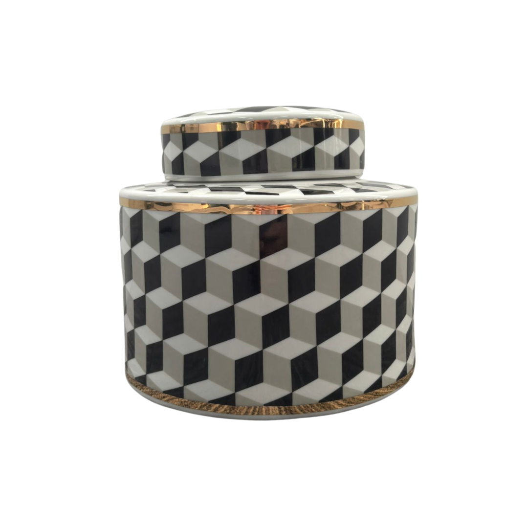 Black & White Geometric Lidded Jar 22cm Wide with Gold Rim
