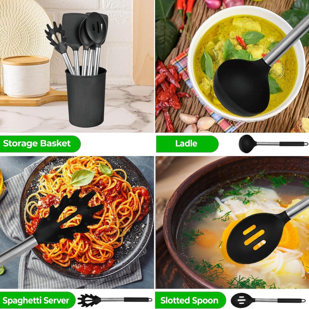 8 Piece Silicone Kitchen Utensil Set with Storage Bucket Black