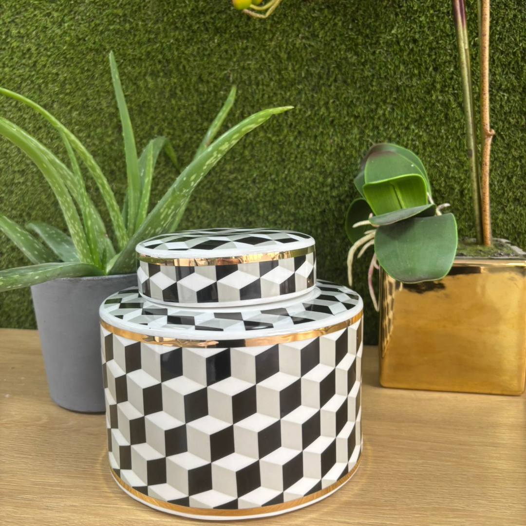 Black & White Geometric Lidded Jar 22cm Wide with Gold Rim