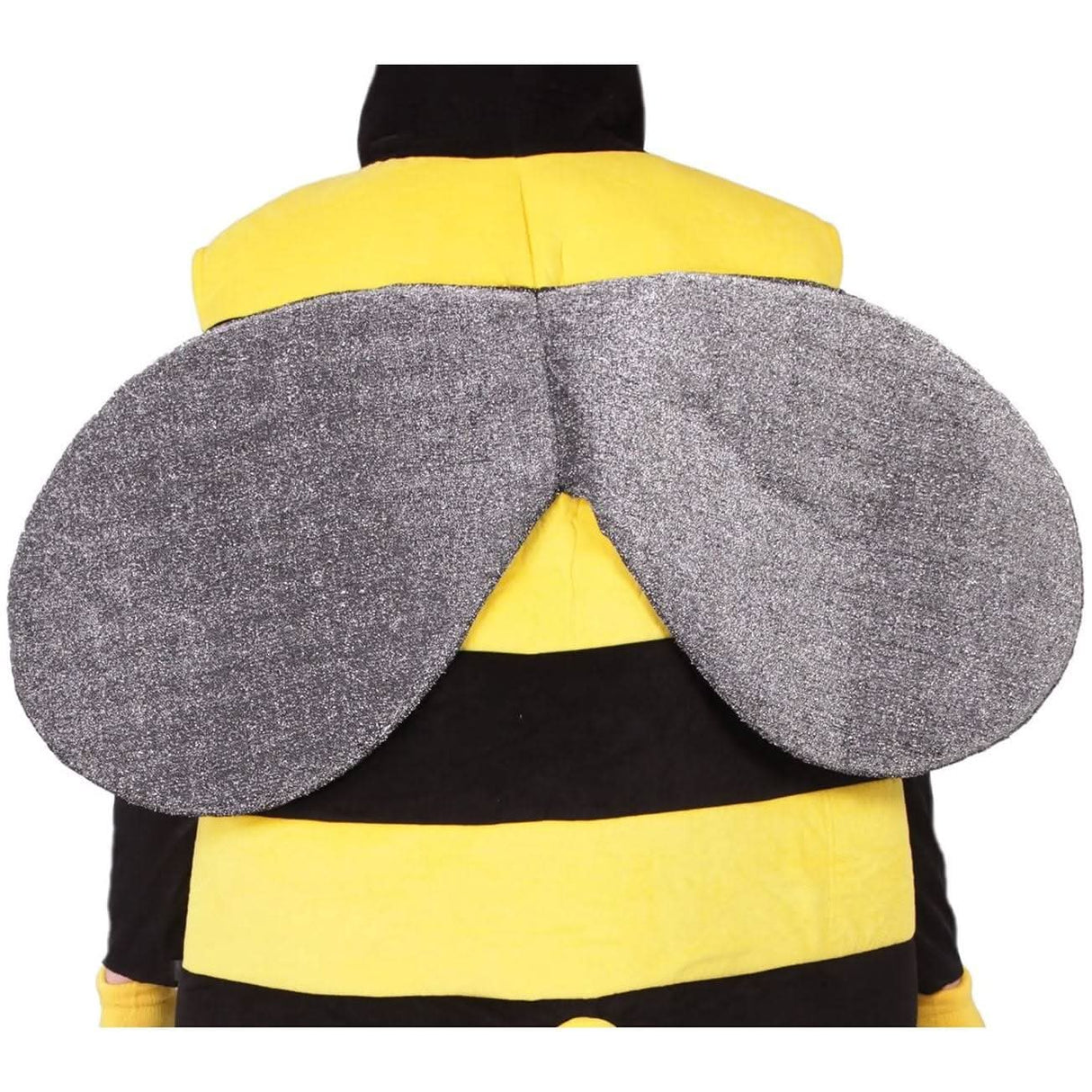 Back view of an adult bumblebee fancy dress costume with yellow and black stripes and gray wings